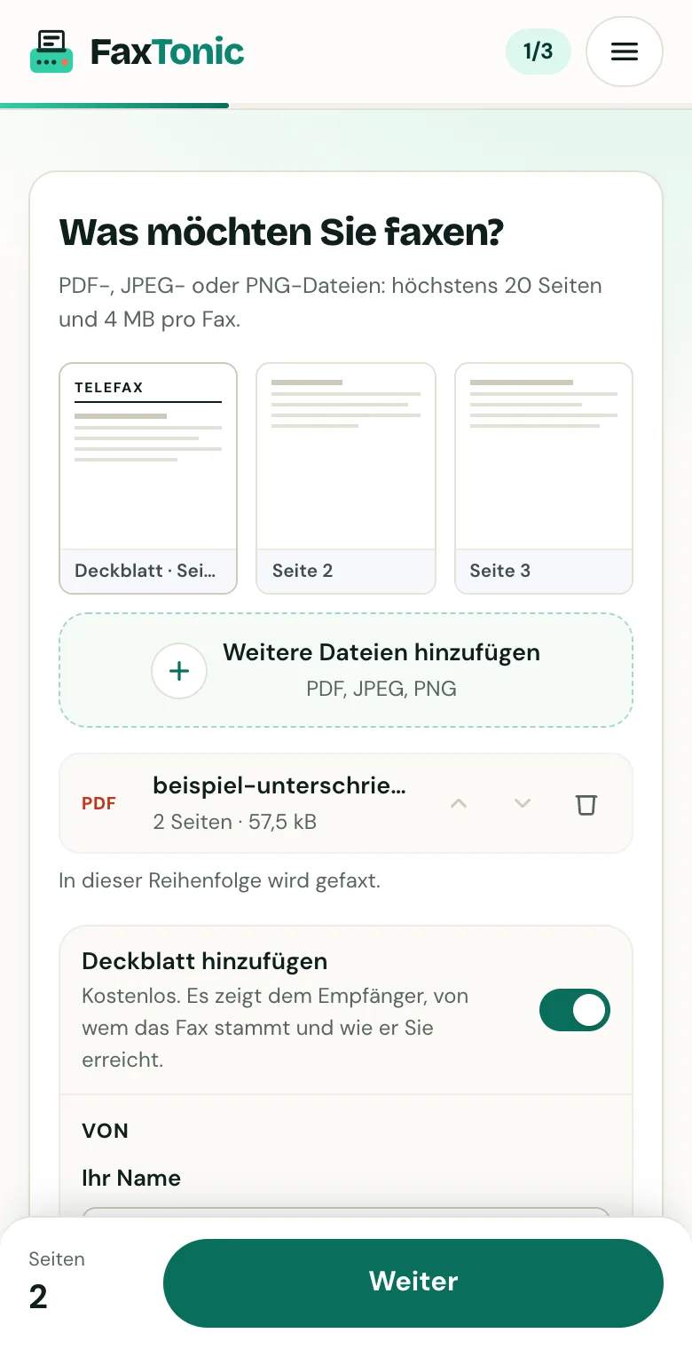 Erster Schritt in FaxTonic auf einem Handy: ein zweiseitiges Beispiel-PDF mit Seitenvorschau und eingeschaltetem kostenlosem Deckblatt.