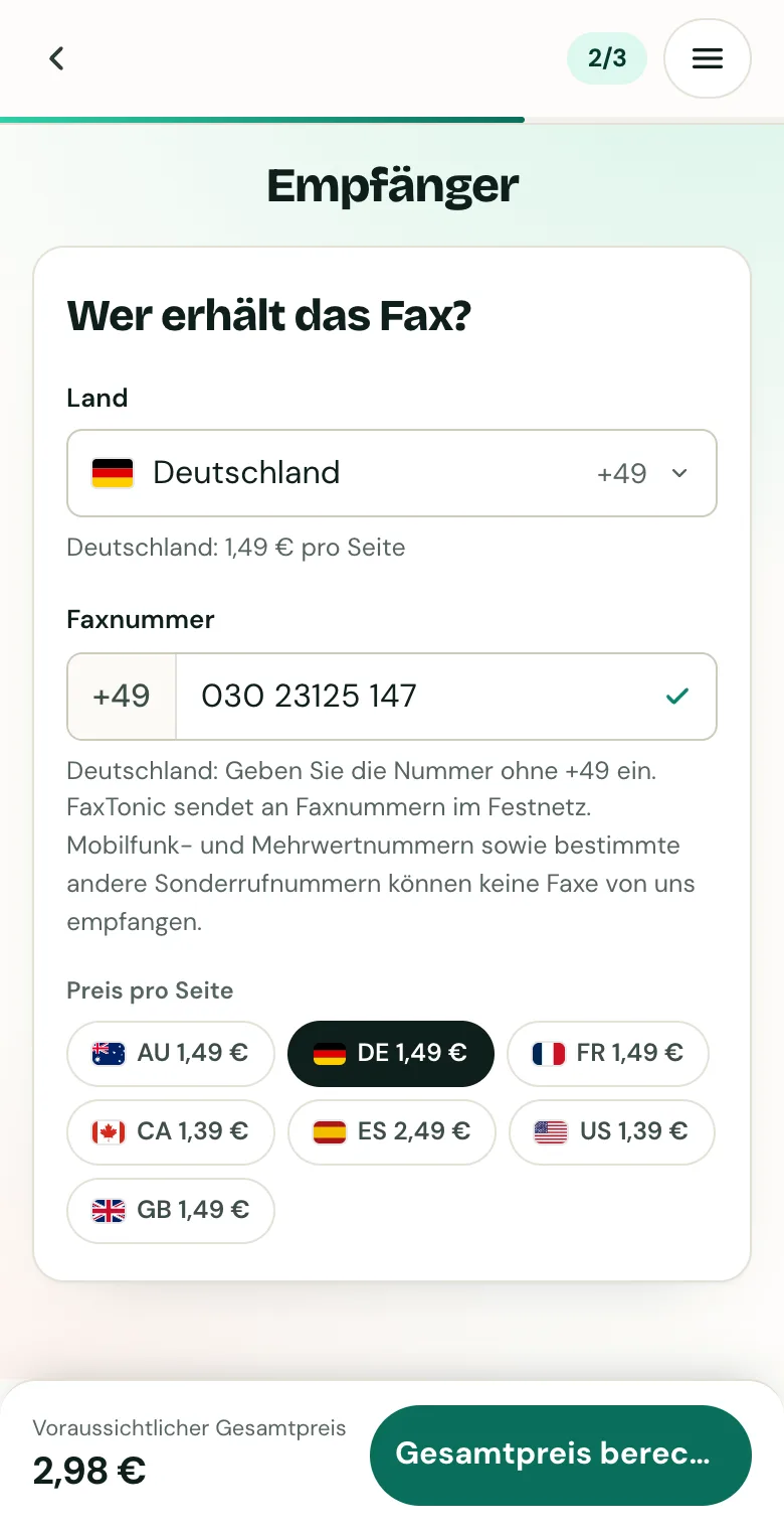 Zweiter Schritt in FaxTonic: Deutschland als Land gewählt, eine Faxnummer eingegeben und der Preis pro Seite.