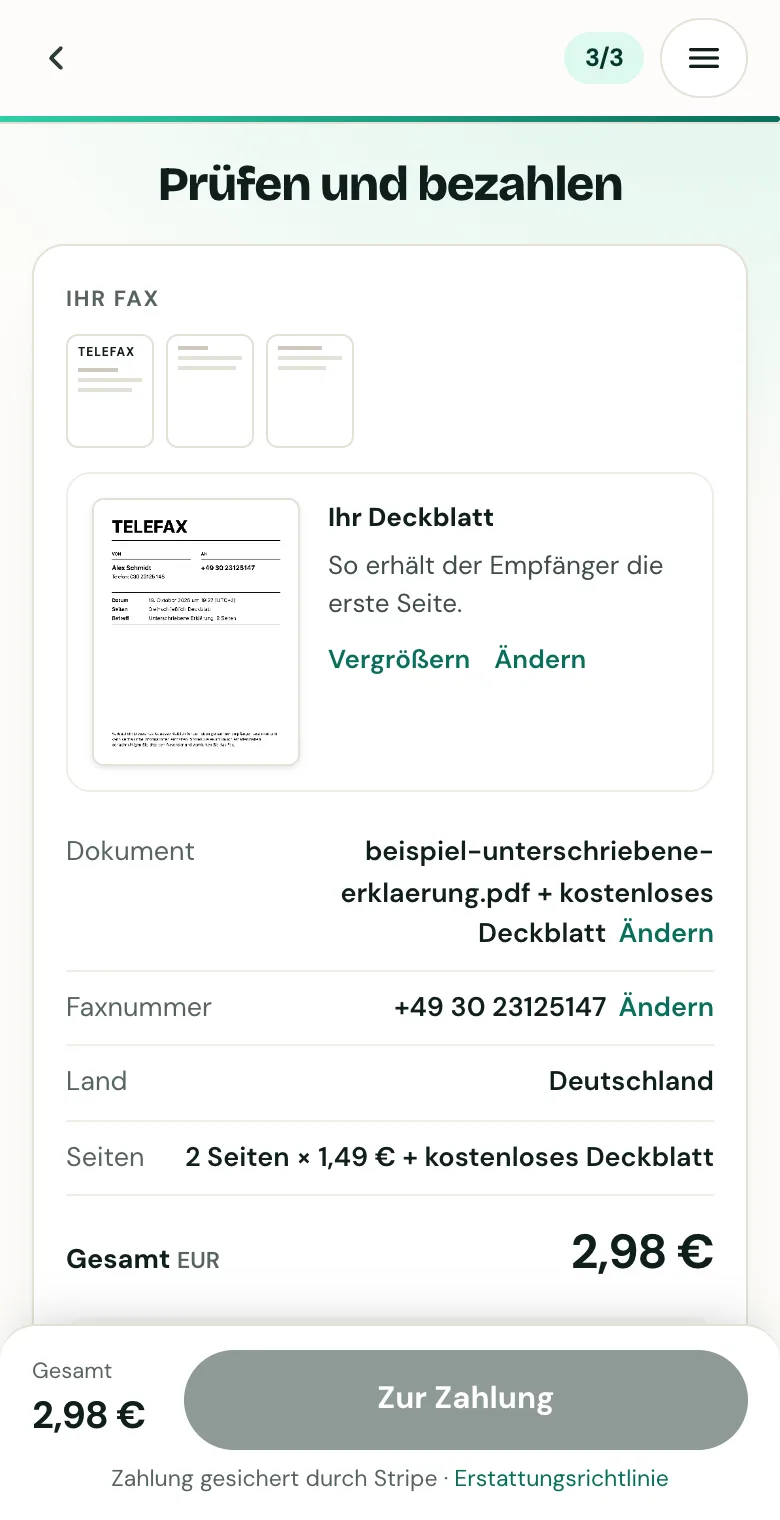 Dritter Schritt in FaxTonic: Vorschau des Deckblatts, Faxnummer, Seitenzahl und Gesamtpreis mit der Schaltfläche zur Zahlung.