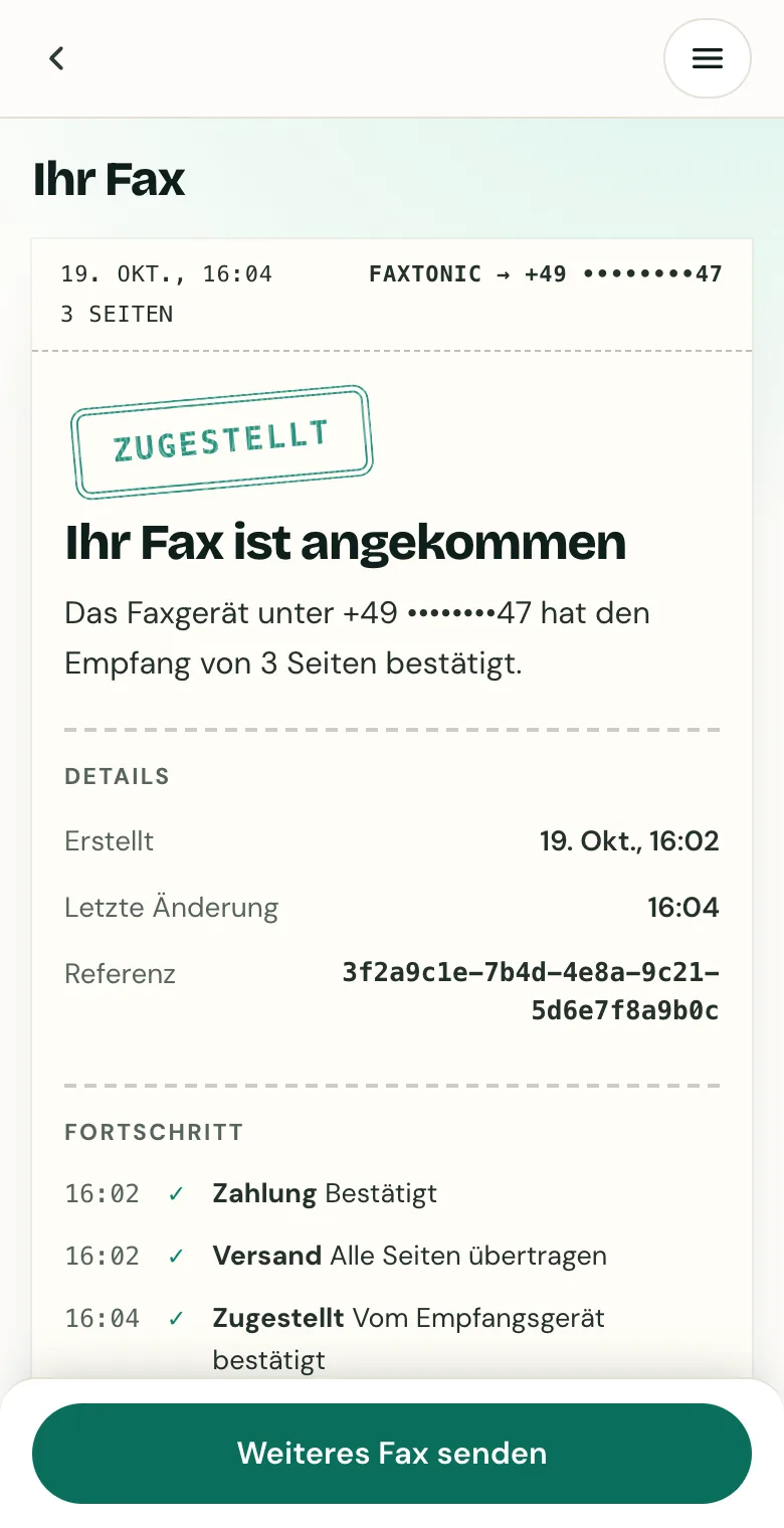 FaxTonic-Statusseite mit dem Vermerk Zugestellt und der Uhrzeit jedes Schritts.