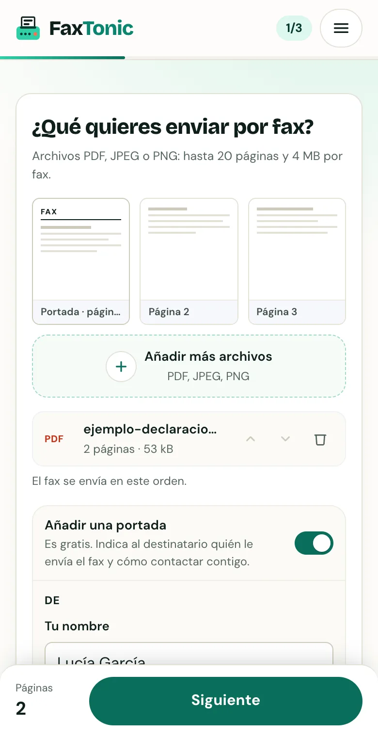 Primer paso de FaxTonic en un móvil: un PDF de ejemplo de dos páginas añadido, con la vista previa de las páginas y la portada gratuita activada.
