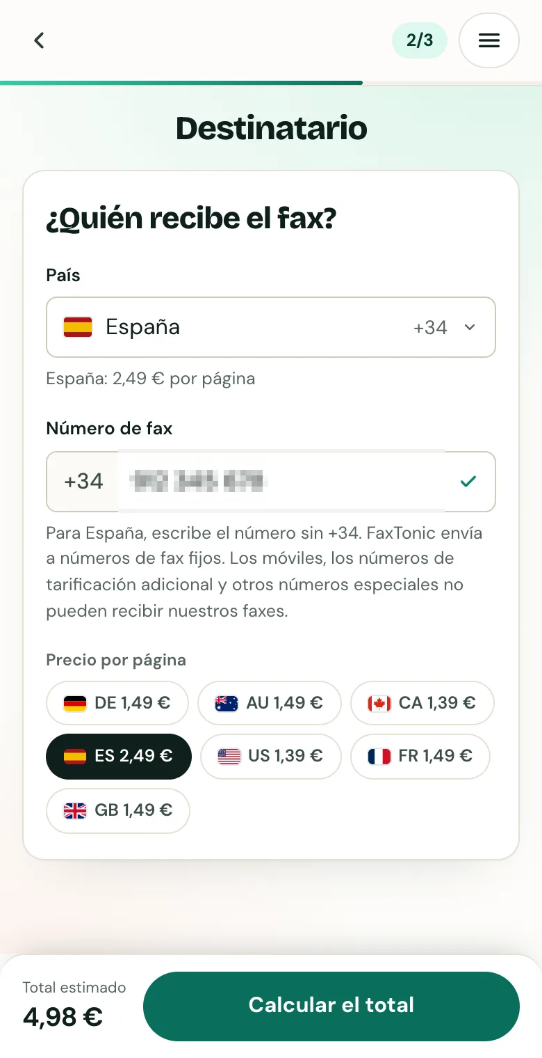 Segundo paso de FaxTonic: España elegida como país, un número de fax escrito, pixelado en la imagen, y el precio por página.