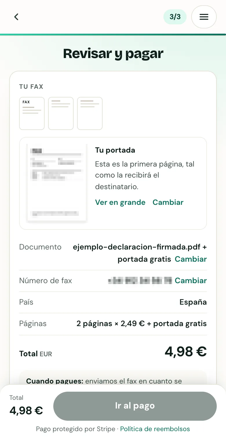 Tercer paso de FaxTonic: la vista previa de la portada y el número de fax, pixelados en la imagen, el número de páginas y el total, con el botón para ir al pago.