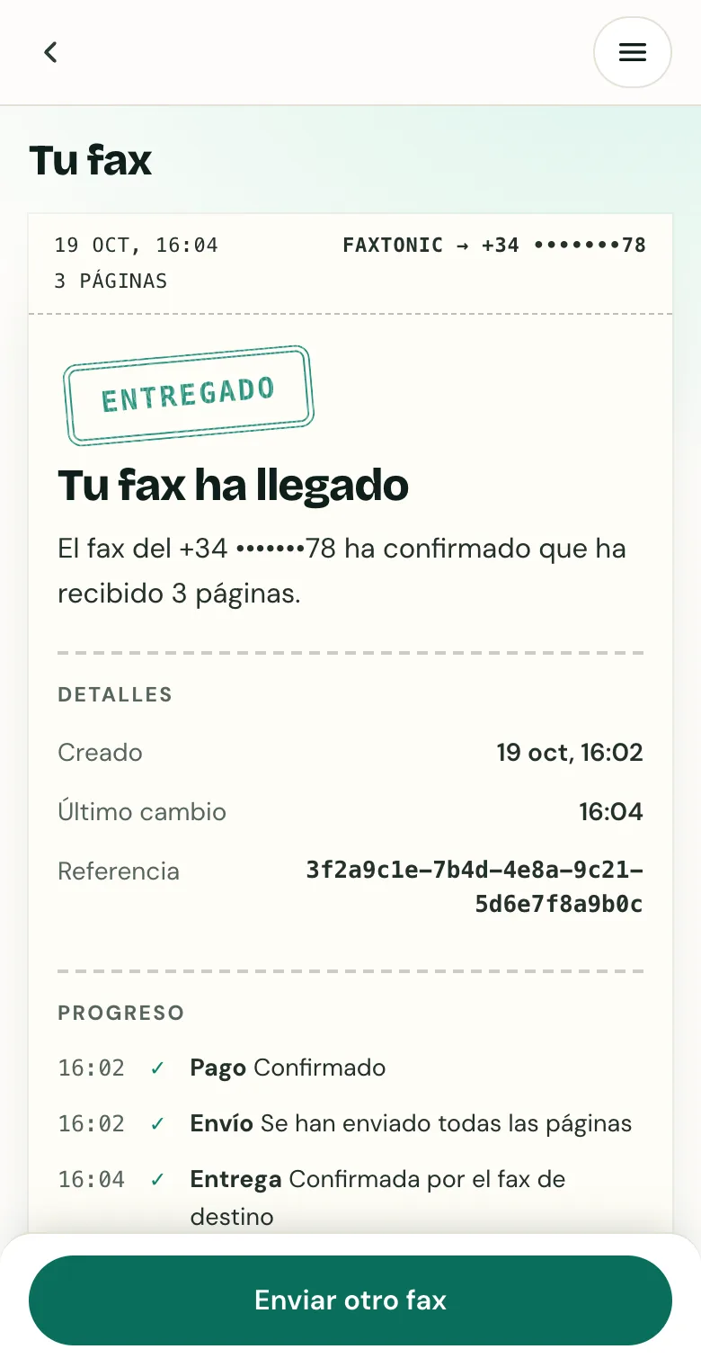 Página de estado de FaxTonic marcada como Entregado, con la hora de cada paso.