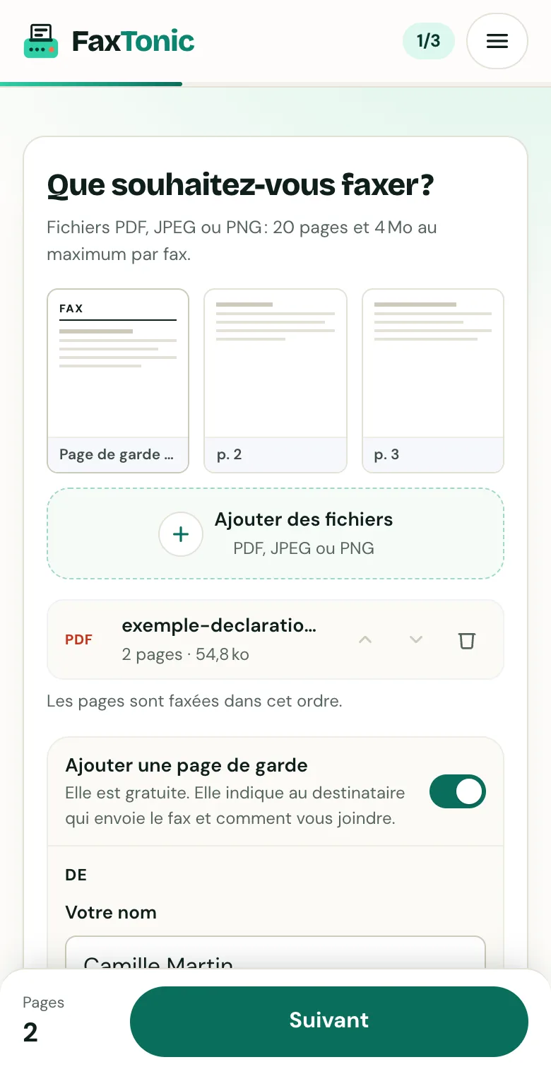 Première étape de FaxTonic sur un téléphone : un PDF d’exemple de deux pages ajouté, avec l’aperçu des pages et la page de garde offerte activée.
