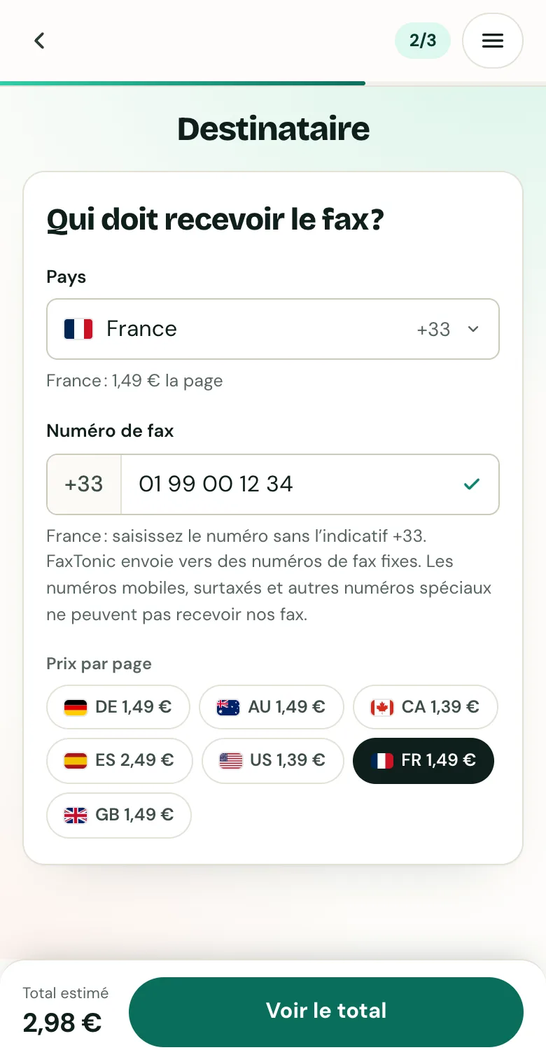 Deuxième étape de FaxTonic : la France choisie comme pays, un numéro de fax saisi et le prix à la page.