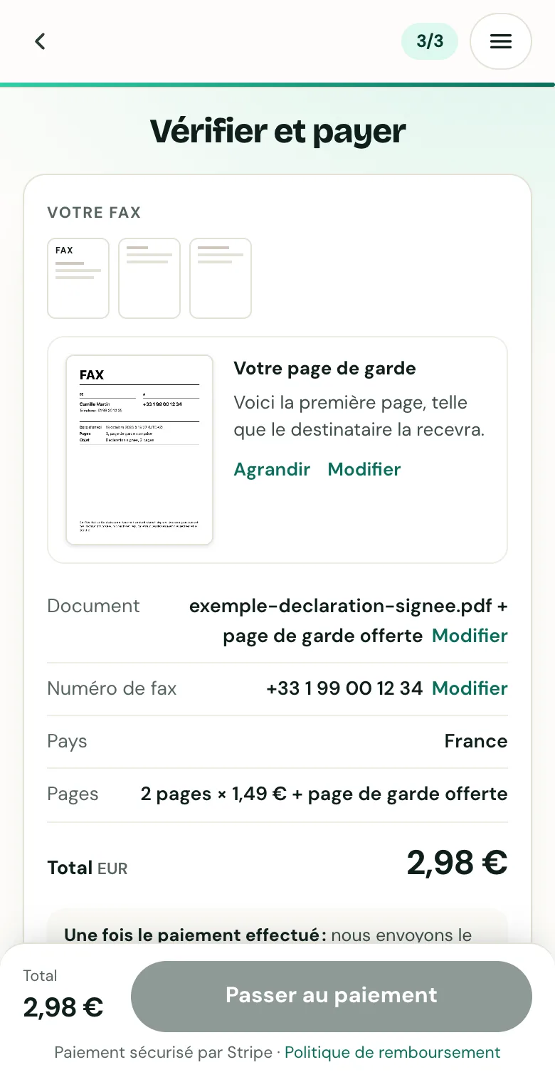 Troisième étape de FaxTonic : l’aperçu de la page de garde, le numéro de fax, le nombre de pages et le total, avec le bouton pour passer au paiement.