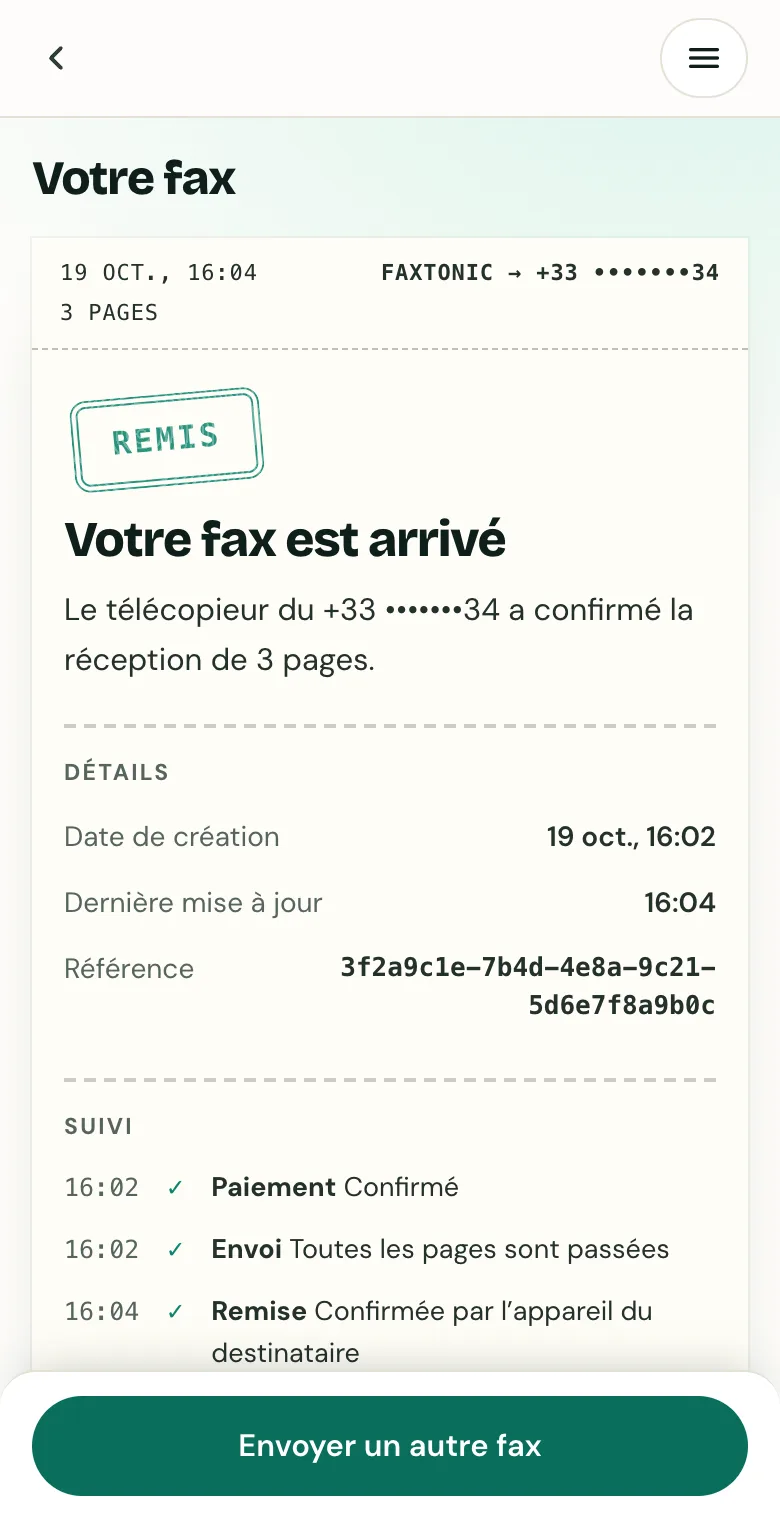 Page de suivi FaxTonic marquée Remis, avec l’heure de chaque étape.